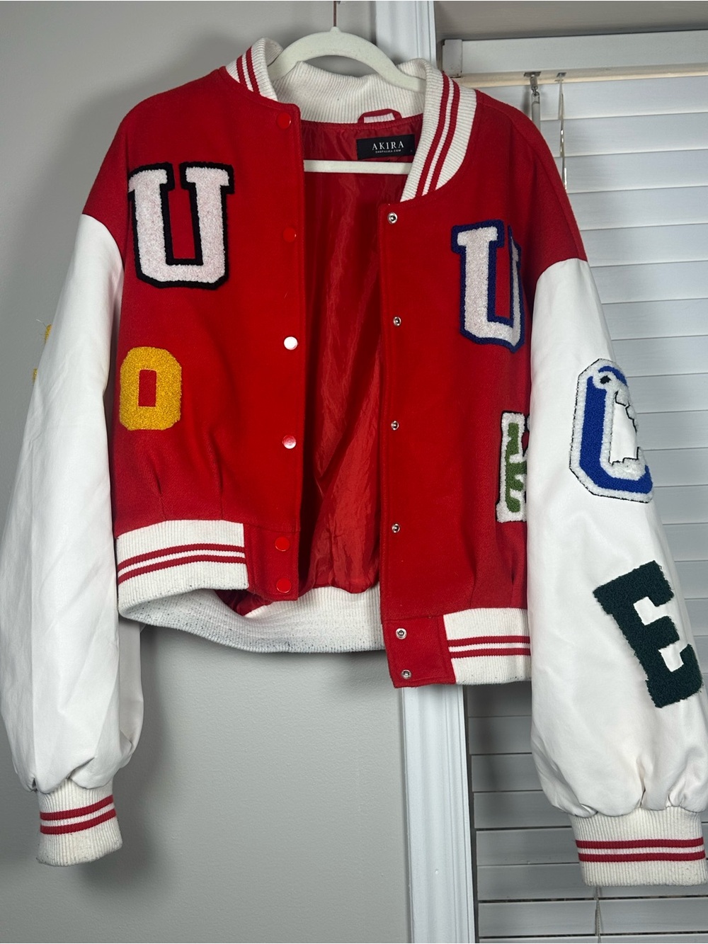 AKIRA Red and White Mixed Letterman Jacket